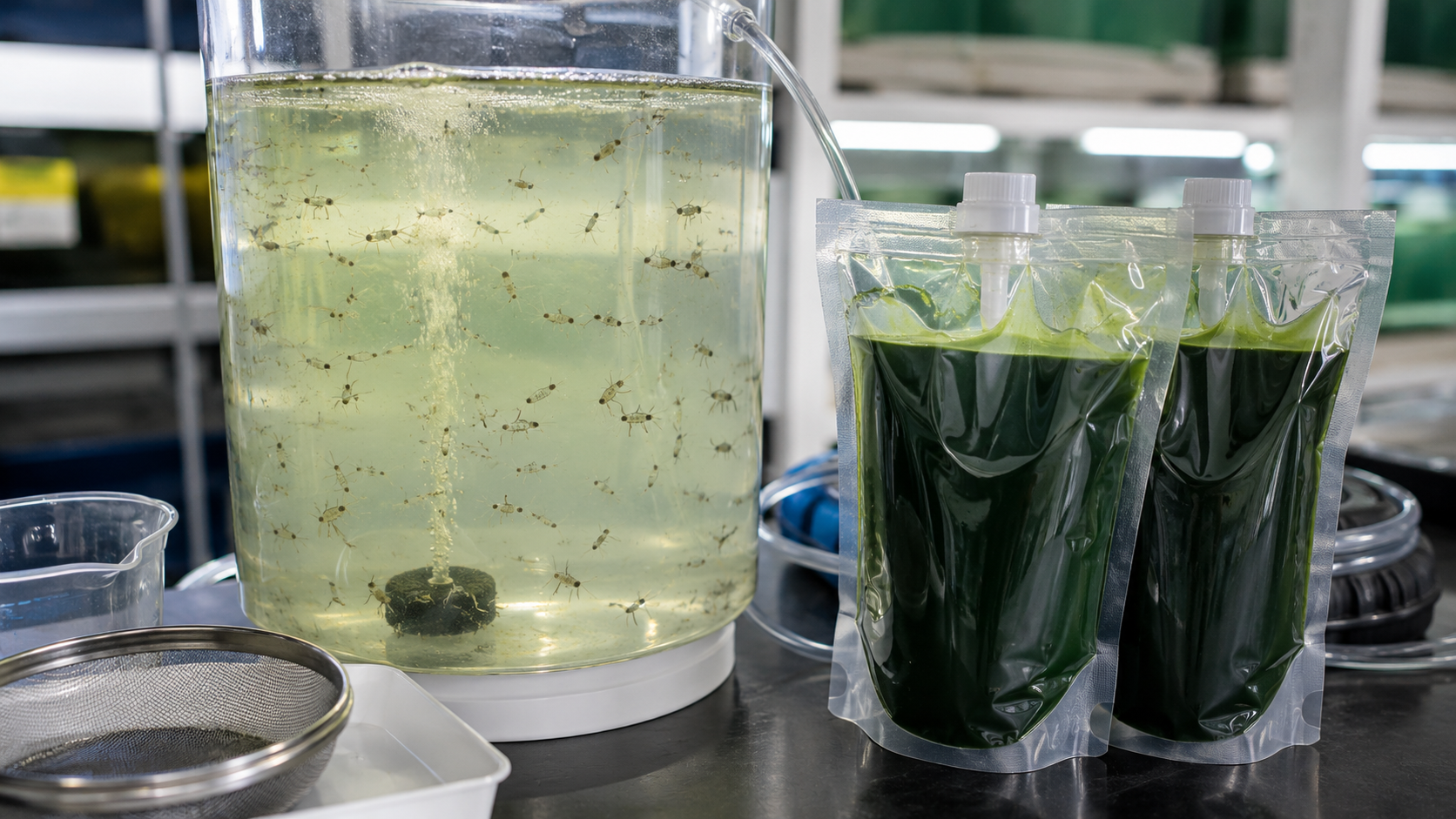 Culture dédiée de copépodes dans un récipient transparent avec une eau légèrement verte et un bullage doux